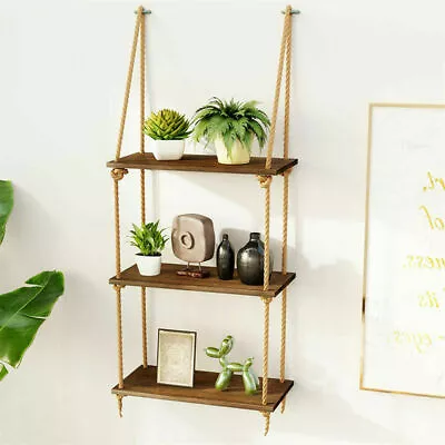 3 Tier Vintage Shabby Chic Solid Wood Rope Hanging Wall Shelf Home Storage Decor • $21.92