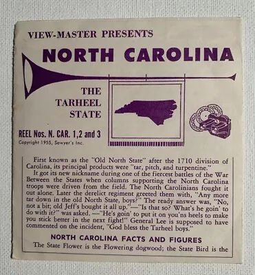 View-Master NORTH CAROLINA The Tarheel State N.CAR 1-2-3 3 Reel Set + Book (V4) • $10.20