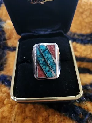 Vintage Navajo Crushed Turquoise & Coral Inlay Ring Size 8.25 • $35