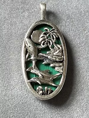 Sterling 925 Silver Malachite Tropical Island Sea Scene Pendant • £18