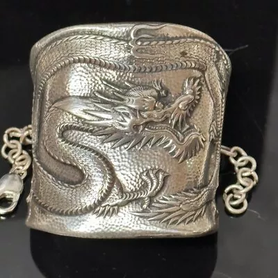 Mens Antique Chinese Dragon Sterling Silver Cuff Asian Export Wide Bracelet XL • $1800