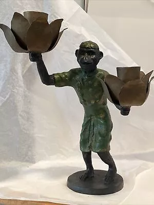 Vintage Asian Monkey Candle Holders Candelabras 11” Heavy Cast Iron Green. C10 • $26.24