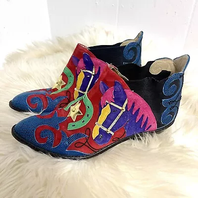 Vintage ZALO Western Cowgirl Boots Women’s 7.5 M Booties Colorful Leather Artsy • $149.99