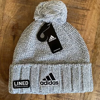 Adidas Beanie Hat Recon 3 Ballie Mens Lined Cuffed Pom Knit Cap Light Gray/White • $19.45