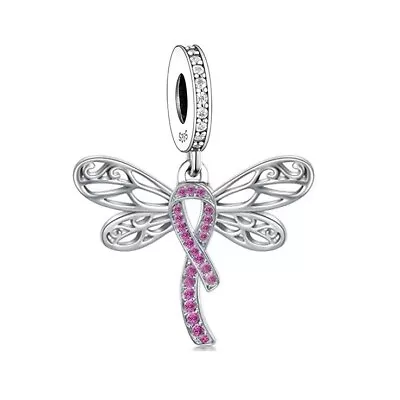 $28.99 • Buy SOLID Sterling Silver Dragonfly Hope Breast Cancer Ribbon Charm YOUnique Designs