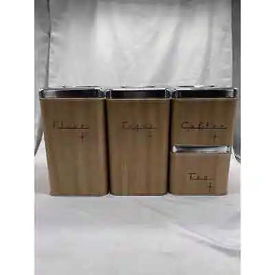 VTG  Atomic Wood Grain Metal Kitchen Canisters • $72