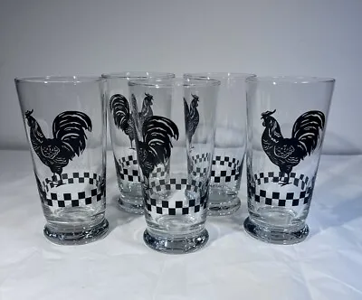 5 Vtg Libbey Country Farm-House Black Rooster Checked Tumbler Drinking Glasses • $34.95