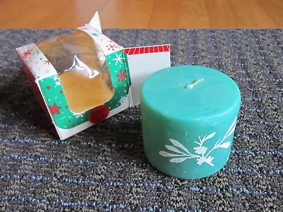 Vintage Christmas Candle Will & Baumer Bayberry Holiday Green W/ White Design  • $18.95