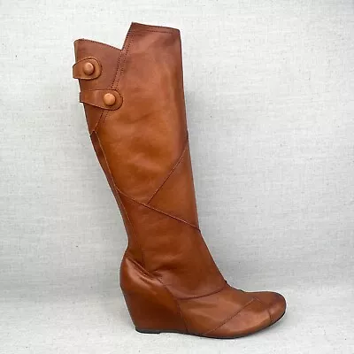 Miz Mooz Boots Womens 6.5 West Patch Shoes Brown Leather Tall Hidden Wedge Zip • $44.95