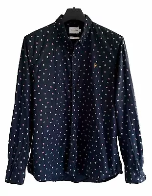 FARAH Luxury Cotton Men’s Slim Fit Tailored Smart Casual Patterned Shirt XL Navy • £5.99