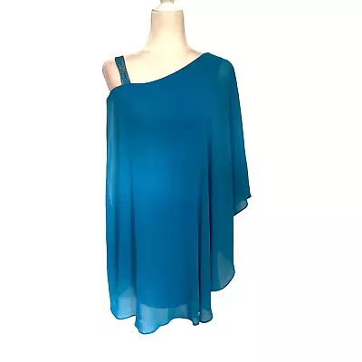 ERIN FETHERSTON Asymmetrical Mini Dress Sz 2 Aqua Blue Overlay Gold Trim • $39.93