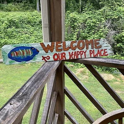 $59.95 • Buy Welcome To Our Happy Place- Cabin Lake Wood Décor Sign- Hand Painted Ooak