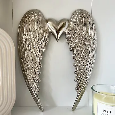 Silver Angel Wings Wall Art Hanging Ornament Heart Home Decor Bling Accessories • £25