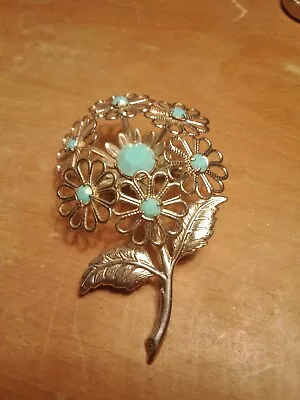 Flower Bouquet Brooch Gold Tone Vintage With Faux Turquoise Pistals • $21.95