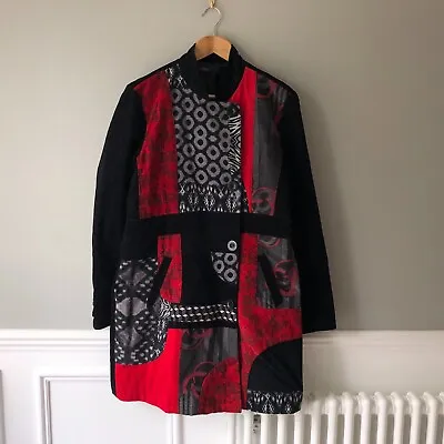 $73.85 • Buy Desigual Coat Jacket UK 14 -16 EU 44 Black Red Button Up Long Pattern Patch Work