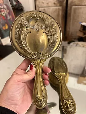 Art Nouveau Patina Brass Hand Beveled Mirror & Brush Set • $38.47