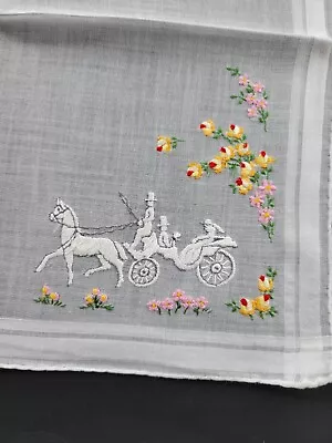 Vintage Ladies Hankie Embroidered Pink Floral Carriage Ride • $5.50