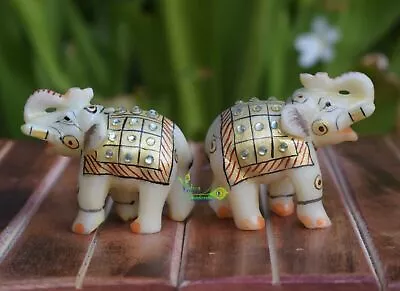 Marble Elephant Figurine Pair Idol Floral Painting Art Home Decor Made In India • £53.51