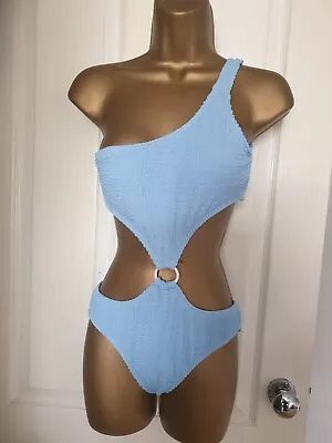 Shein Textured BLUE One Strap Cut Out Padded Lined Swimming Costume Uk 10 BNWTS  • £4.50