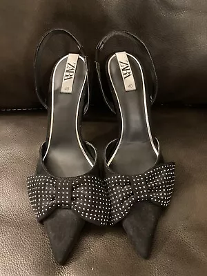 ZARA NEW WOMAN Faux Suede Heeled Slingback Shoes With Bow BLACK.Sz.9/40 • $30