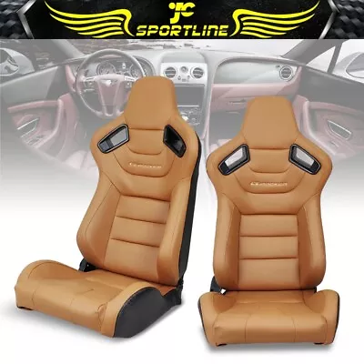 Universal Pair Reclinable Racing Seats + Dual Sliders Brown PU Carbon Leather • $321.99