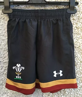 RUGBY WALES SHORTS By UA YXS BOYS 3-4 YR WAIST 22-23  DARK GREY CYMRU • £5