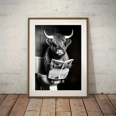 Highland Cow Reading Paper On Toilet Funny Canvas Print Wall Art Décor Picture • £19