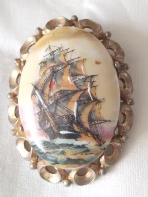 Vintage French LIMOGES Brooch Galleon Sailing Ship Transfer On Oval Porcelain • £4.95