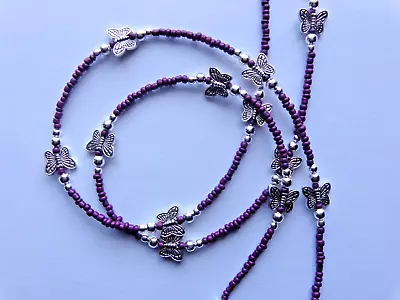 Purple Glass Seed Beads Butterfly Beads Beaded Lanyard Id Badge Holder Necklace • $6.99