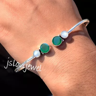 Rainbow Moonstone & Green Onyx Gemstone 925 Sterling Silver Simple Cuff Bracelet • $19.92