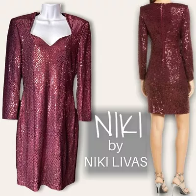 Niki By Niki Livas Burgundy Sequence Evening Dress Long Sleeves Sz 10 USA MADE • £48.18