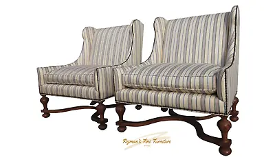 Pair Baker Striped Upholstered Nailhead Oversize Lounge Chairs • $2659