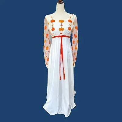 Vtg 1970s Nadine Embroidered Orange Daisy Empire Waist Prom Flower Maxi Dress XS • $78.99