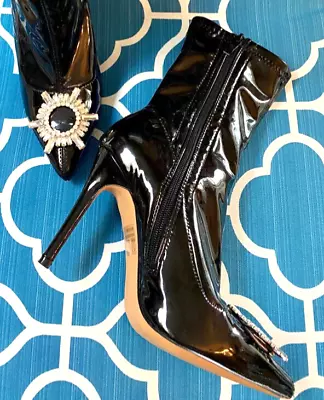 “ego” 8.5 Black Patent Leather (starlight-e) Jewel Rhinestone Point Toe Booties • $64.99