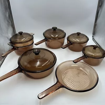 Lot Of 12 Vision Ware Corning Pyrex Amber Glass Cookware Pots Skillets Lids VTG • $199.99