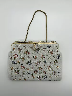 Vintage Michel Swiss Paris Micro Beaded White Floral Clutch Bag With Mirror • $107.49