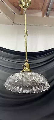 Antique Vtg Art Deco Victorian Ribbed Glass Industrial Pendant Light - Holophane • $299.99