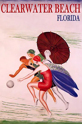 Clearwater Beach Florida Fashion Girls Umbrella Vintage Poster Repro FREE S/H • $17.90