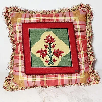 Vintage Needlepoint Pillow Floral Looped Fringe Trim Square Plaid Handmade • $49.99