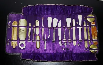 Vtg 20 Piece Manicure Grooming Kit Antique Mother Of Pearl Handle + Travel Roll • $15.99