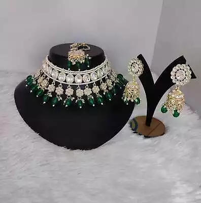 Indian Bollywood Gold Plated Green Pearl Kundan Choker Necklace Jewelry Set • $21.57