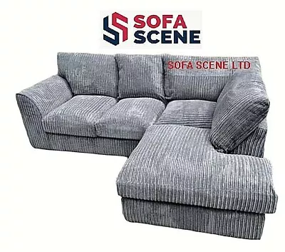 Jumbo Cord High Back Cushions Corner Sofa Suite Set Footstool 3 2 Seater Grey UK • £89