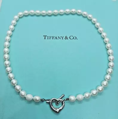 Tiffany Pearl Necklace Open Heart Clasp Sterling Silver 16 Inches Elsa Peretti • $999.99