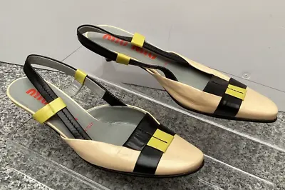 Miu Miu Leather Slingback Shoes Cream Black Yellow Kitten Heel Low Size 3 EU 36 • £80