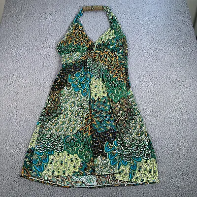 Shoreline A-Line Dress Juniors L/XL Green Stretch Boho Short Halter Top Beads • $17.35