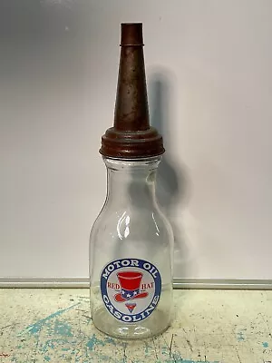 Red Hat Motor Oil Bottle Spout Cap Glass 1 Quart Vintage Style Gas Station • $19.99