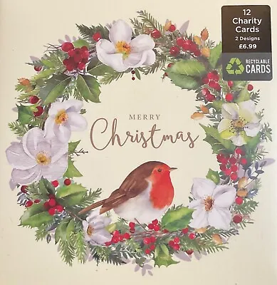 Pack Of 12 Charity Christmas Cards Robin Wreath Berries Hellebores 2 Designs • £3.99