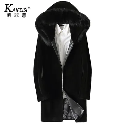 Fox Coat Fur Hooded Sheep Sheared Fur Mid-length Men Coat Genuine Leather Jacket • $206.18