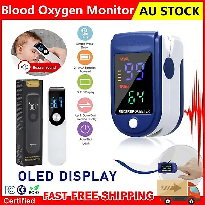 Finger Pulse Oximeter LCD+Digital Infrared Forehead Thermometer Adult & Kids HOT • $12.98