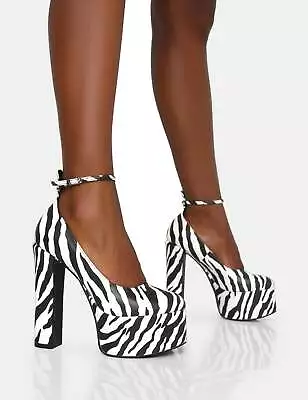 Women Zebra Print Ankle Strap Rounded Toe Platform Block Ladies Party Heels • £39.99